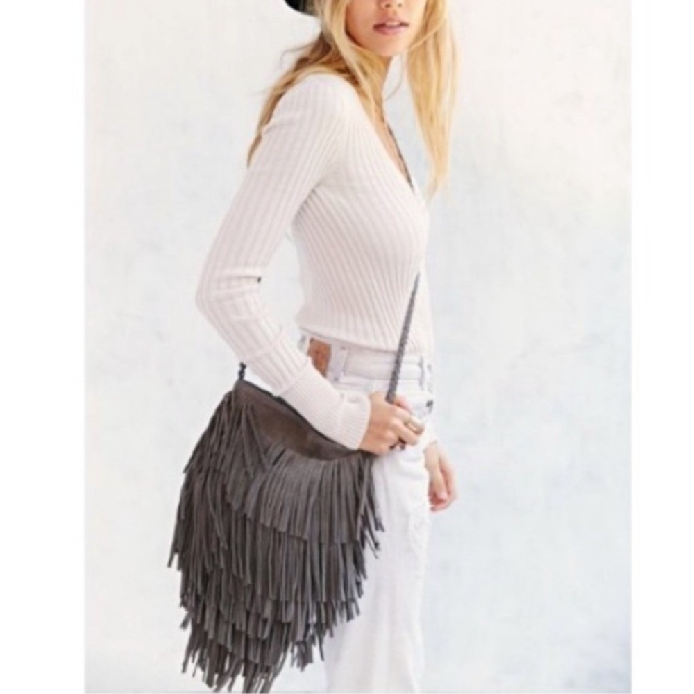Ecote Urban Outfitters Grey Suede Fringe Crossbody Bag Boho Festival Western